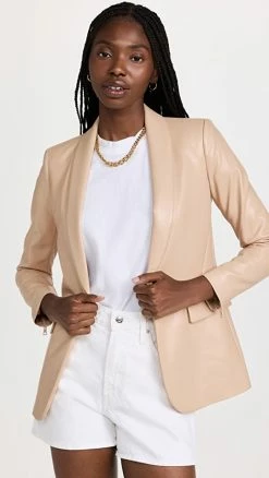 Cheapest ???? Alice + Olivia Macey Vegan Leather Blazer Almond ????