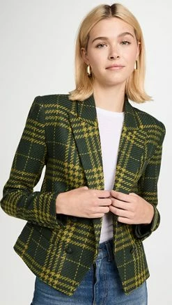 Deals ???? L'AGENCE Brooke Cropped Blazer Green Multi Plaid ????